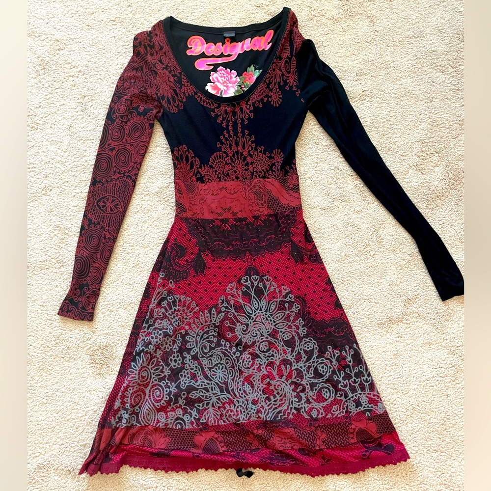 Desigual Black & Red Printed Dress Size S